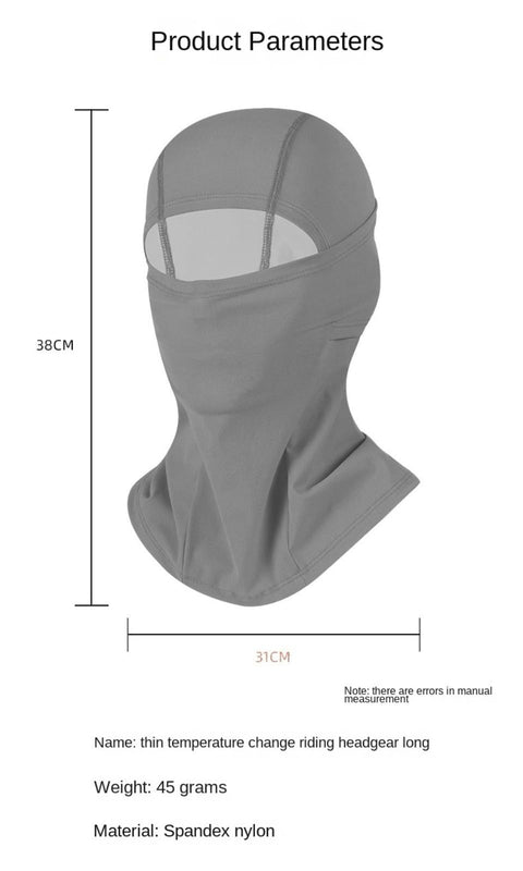 Gray thermochromic color changing long face mask for winter cycling and skiing, nylon spandex, street ready gaiter, size 38x31cm.