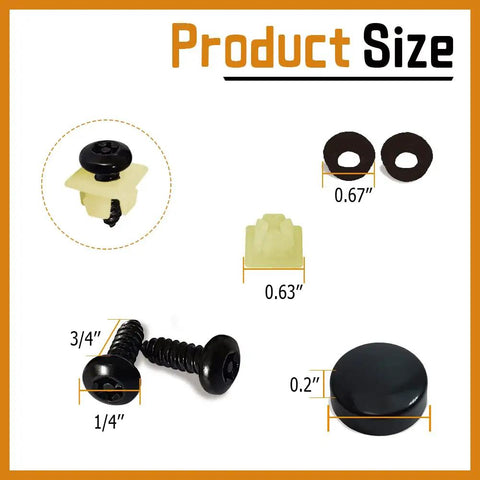 Black Heavy Duty Anti Theft License Plate Screws Kit Set for Car Tag Mounting, sizes and components shown including M6 screws
