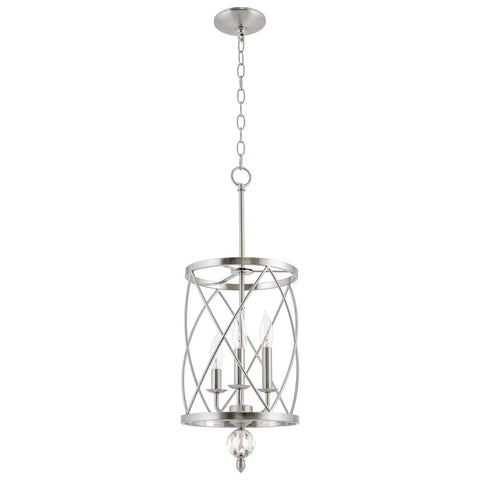 Modern Dope 3-Light Geometric Lantern Chandelier in Brushed Nickel Finish With Cylinder Trellis Cage And Crystal Orb Finial