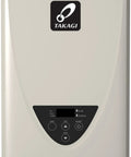 Fully Modulating Gas Fired Tankless Water Heater delivering smooth constant flow and quick heat up times, front view with control panel.
