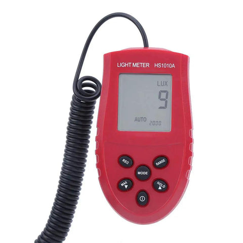 Handheld Digital Illuminance Meter Lux Meter With Auto-Ranging Photometer, Pro-Grade Portable Light Meter For Indoor And Outdoor Use, Smart Digital Display, Lux Range 2000 20000 200000 lx, HS1010A red ABS housing with coiled sensor