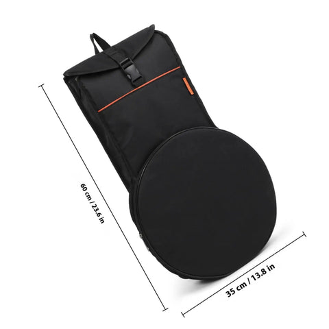 Yo Drummer Grab This Flat Out Tough Oxford Carrier Bag For Snare And Practice Pads shows dimensions, black heavy-duty oxford material.