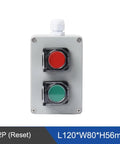 Front view of metal push-button control box with red and green buttons, 120x80x56 mm