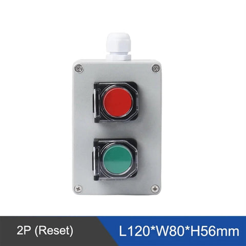 Front view of metal push-button control box with red and green buttons, 120x80x56 mm