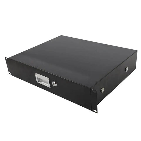 Straight Up Heavy Duty 19 Inch 2U Rack Drawer Cabinet With Secure Lock And Keys Crafted From Solid Steel In Sleek Black, side view.