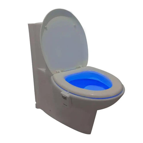 Toilet with blue glow from Two Pack 16 Color Motion Sensor LED Toilet Night Light With Auto On Off Light Detection For Battery Saver 5 Stage Dimmer Easy Install Colorful Bathroom Night Glow For Late Night Trips installed.