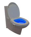 Three Pack 16 Color Motion Sensor LED Toilet Night Light With Auto On Night Glow illuminating a toilet bowl in blue