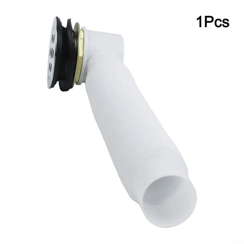 7-Hole Bathtub Drain Pipe Zinc Alloy ABS White(Drainer + Pipe) with slotted top and flexible white pipe design.