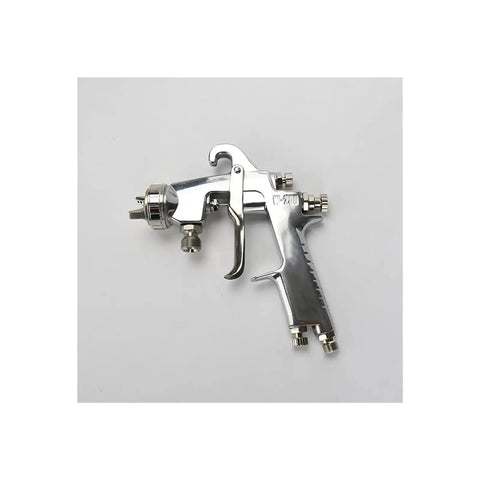 Professional Manual Pneumatic Paint Sprayer With Hella Adjustable Wide Fan Pattern For Smooth Auto Touch Ups And Precision Painting Tasks Lightweight Ergonomic Design For All Day Use, chrome finish, close-up view.