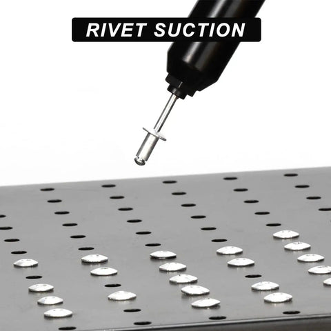 Self Suction Pneumatic Rivet Gun With 2.4mm 3.2mm 4.0mm 4.8mm Capacity 19mm Stroke Pro Grade Ultra Lightweight Aluminum And Stainless Steel Riveting Tool demonstrating rivet suction.
