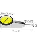 Dial test indicator, side view, yellow dial face, metal housing, extending probe; 77mm overall length.