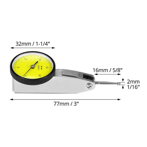 Dial test indicator, side view, yellow dial face, metal housing, extending probe; 77mm overall length.