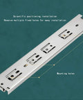 Bottom Mount Soft Close Beefy Heavy Duty Ball Bearing Drawer Slides With Full Extension Three Section Rails And Cushioned Rubber Pads Side Mounted Steel Rails 100 Lb Capacity Quiet Glide For Kitchen And Cabinet Drawers, close-up view showing steel rails and mounting holes