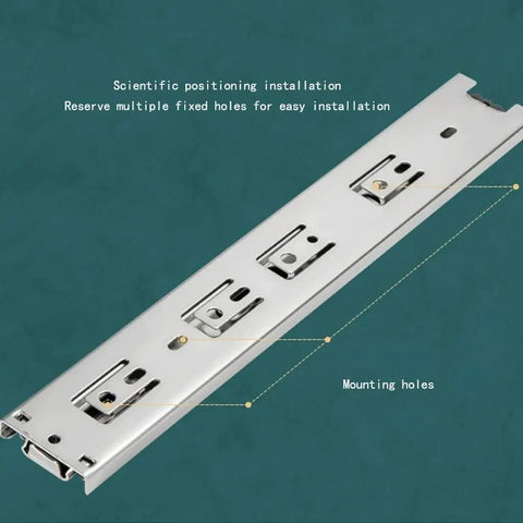 Bottom Mount Soft Close Beefy Heavy Duty Ball Bearing Drawer Slides With Full Extension Three Section Rails And Cushioned Rubber Pads Side Mounted Steel Rails 100 Lb Capacity Quiet Glide For Kitchen And Cabinet Drawers, close-up view showing steel rails and mounting holes