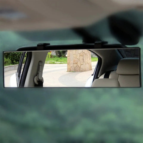 12 Inch Panoramic Rear View Mirror For Cars And SUVs Clip On Interior Mirror installed inside vehicle, wide viewing range visible.