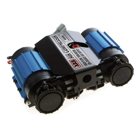 CKMTA12 12V On Board Twin High Flow Air Compressor Powerhouse For Air Lockers And Locking Differentials in black and blue design.