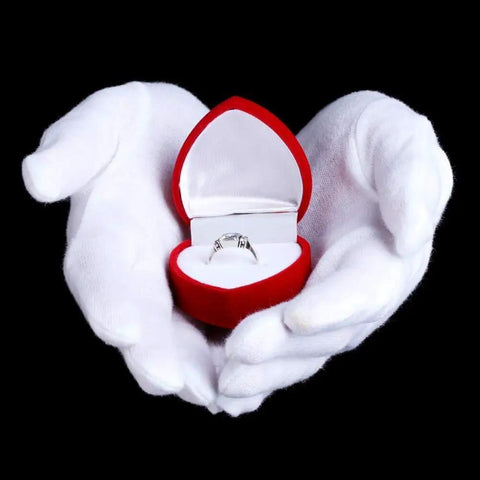 12 Pairs Soft Cotton Gloves With Stretchable White Lining holding a red ring box