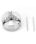 Pro Level Three Jaw Lathe Chuck With M12 M14 And 8 TPI Threads Rock Solid Zinc Alloy Build shown with two metal pins.