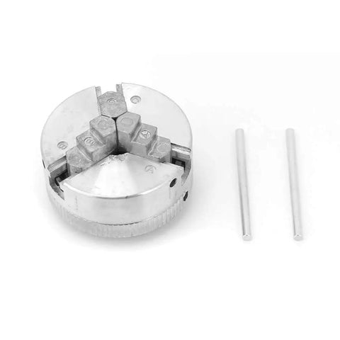 Pro Level Three Jaw Lathe Chuck With M12 M14 And 8 TPI Threads Rock Solid Zinc Alloy Build shown with two metal pins.