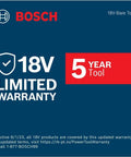 Product warranty information for 18V LED Flood Light Bare Tool With 1900 Lumens, text showing five-year limited warranty on blue background.