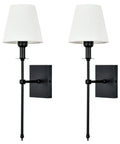 Slim Wall Sconce Set Of 2 With White Fabric Shades In Black Finish, Hardwired Indoor Wall Lamps, Vintage Column Arm Design, front view