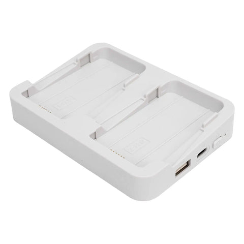 Two Way Dual Battery Charger Hub for Drones, 60W Fast Charging Station with LED Indicator, white plastic design, empty slots visible