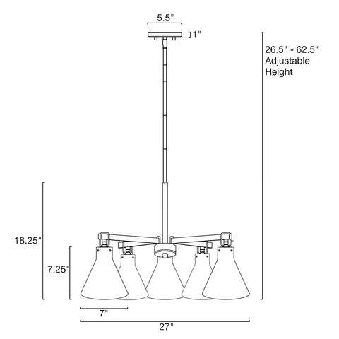 Diagram of Whitney 27 Inch 5 Light Modern Farmhouse Chandelier With Conic Clear Glass Shades In Brushed Nickel Finish Adjustable Height