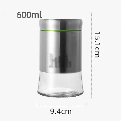 600 Milliliter Airtight Glass Coffee Storage Jar With Stainless Steel Lid, 15.1cm tall and 9.4cm wide, ideal for kitchen storage.