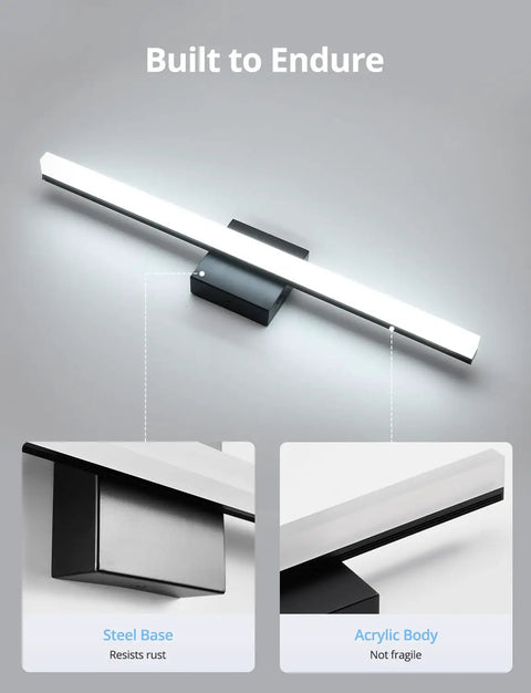 24 Inch Black Vanity Light For Bathroom Mirror LED Wall Bar Fixture 14W 1250LM Cool White 6000K with steel base and acrylic body.