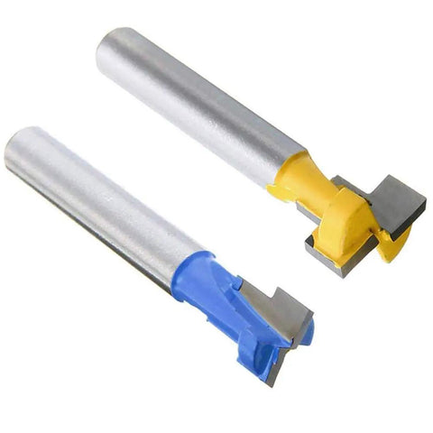 Shop Essential 1/4 Inch Shank Keyhole Router Bit Set With T Slot And T Track Cutters featuring blue and yellow cutter bits.