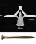 100 Piece Hollow Wall Anchor Kit For Drywall With Nylon Frame Anchors, Rust Resistant And Easy To Install, Ideal For Gypsum Board And Hollow Walls, Great For Curtains, Lights, Shelves, And Decor Projects. White nylon anchor and screw, 30mm x 50mm
