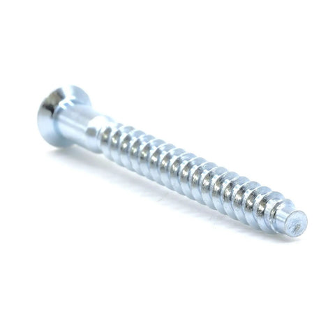 Close-up of zinc-plated M5 x 50mm confirmat screw for furniture assembly, 3/16 inch by 2 inches wood fasteners.