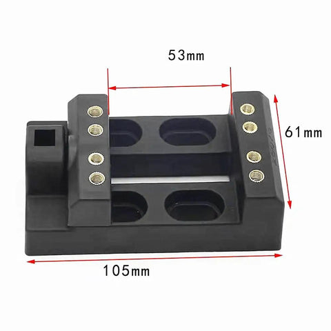 Close-up of the mini vise clamp from the 18-Piece Stone Carving Kit with measurements 105mm by 61mm by 53mm shown.