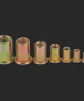 90 Piece Mixed Zinc Plated Carbon Steel Flat Head Rivet Nut Kit With M3 M4 M5 M6 M8 M10 Thread Sizes In Gold Finish Pro Grade Heavy Duty Rivet Nuts For Auto DIY Projects And Metalworking displayed in varied sizes on black background.