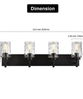 Dimensions of Four Light Modern Farmhouse Vanity Light with Clear Hammered Glass Shades in Black Finish, for over bathroom mirror