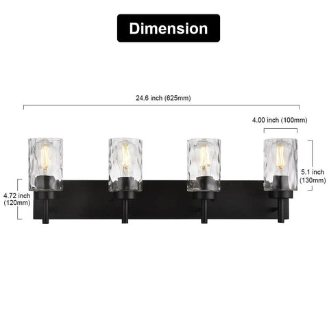 Dimensions of Four Light Modern Farmhouse Vanity Light with Clear Hammered Glass Shades in Black Finish, for over bathroom mirror