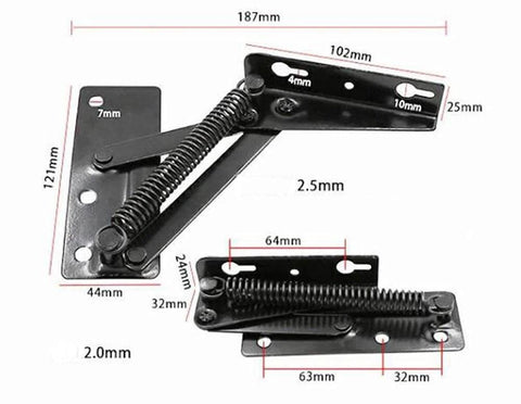 Two Pieces 80 Degree Foldable Lift Bracket With Black Spring Hinge For Sofa Lifters And Furniture Storage Hinges, Left Or Right Mount, Wide Lid Compatibility, Easy Installation, Durable Metal Construction, showing detailed measurements
