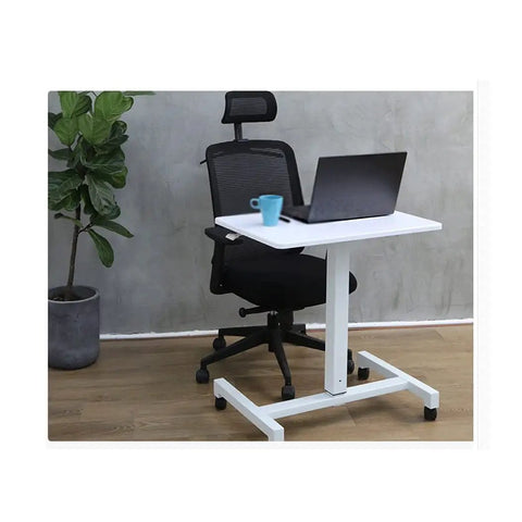 Super Versatile Height Adjustable Laptop Desk For Bed Or Couch Foldable Portable Side Table With Smooth Rolling Wheels next to a black office chair