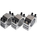 Top Spindle Clamp Bracket For 48 To 56mm Spindles With 4 Bolts And Heavy Aluminum Build showing three clamps with black bolts.