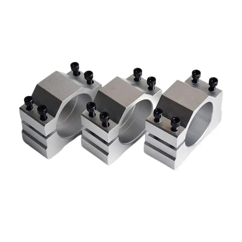Top Spindle Clamp Bracket For 48 To 56mm Spindles With 4 Bolts And Heavy Aluminum Build showing three clamps with black bolts.