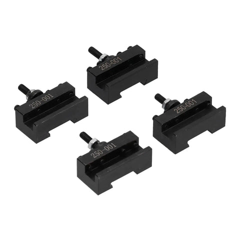 Four Piece Tool Post Holder Set For Turning, Facing And Boring Tasks With Piston Wedge Hardware, Pro Grade High Speed Steel CNC Fixture, Heavy Duty Machining Component For Industrial Lathe. Four black holders, angled view