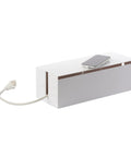 Cable Management Box With Lid For Office Setup, Cord Organizer, ABS plastic, sleek white design hiding cables, smartphone on top