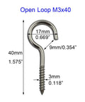 Open loop M3x40 stainless steel screw hook showing dimensions for secure mounting, ideal for indoor and outdoor use.