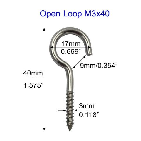 Open loop M3x40 stainless steel screw hook showing dimensions for secure mounting, ideal for indoor and outdoor use.