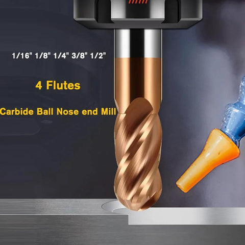 Front view of a 1/4 inch shank carbide ball-nose end mill, 2 in OAL, 4 flutes