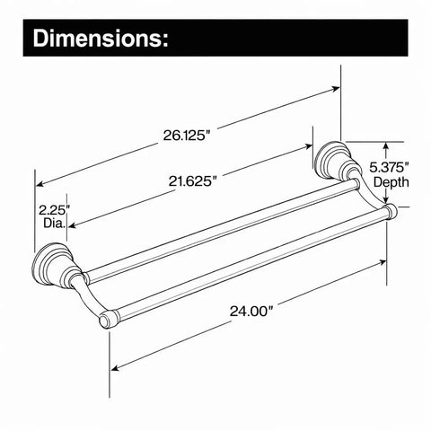 Dimensions schematic of Preston Collection 24 Inch Double Bar Towel Rack In Chrome Finish, Deep 5.38 Inches