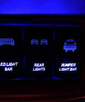 3 Pack Rocker Switch Kit With Laser Sasquatch Lighted Toggle, showing blue LED accent on panel