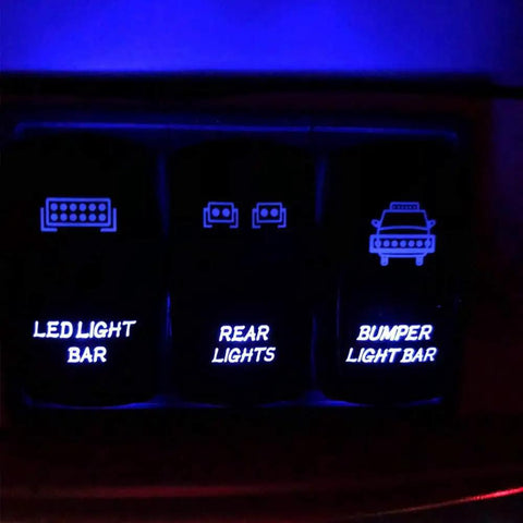 3 Pack Rocker Switch Kit With Laser Sasquatch Lighted Toggle, showing blue LED accent on panel