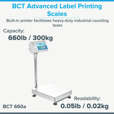 Advanced Label Printing Bench Scale Real Deal 660 Pound Heavy Lifter showcases a stainless steel platform with digital display.