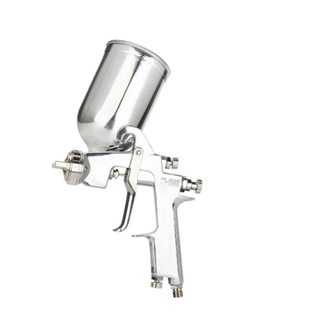 Dead Simple Pneumatic Paint Sprayer With Fully Adjustable Wide Fan Pattern Handheld Touch Up Spray Gun W200 model in silver finish.